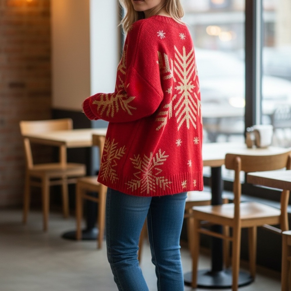 Festive Red and Gold Snowflake Sweater - Picture 2 of 11